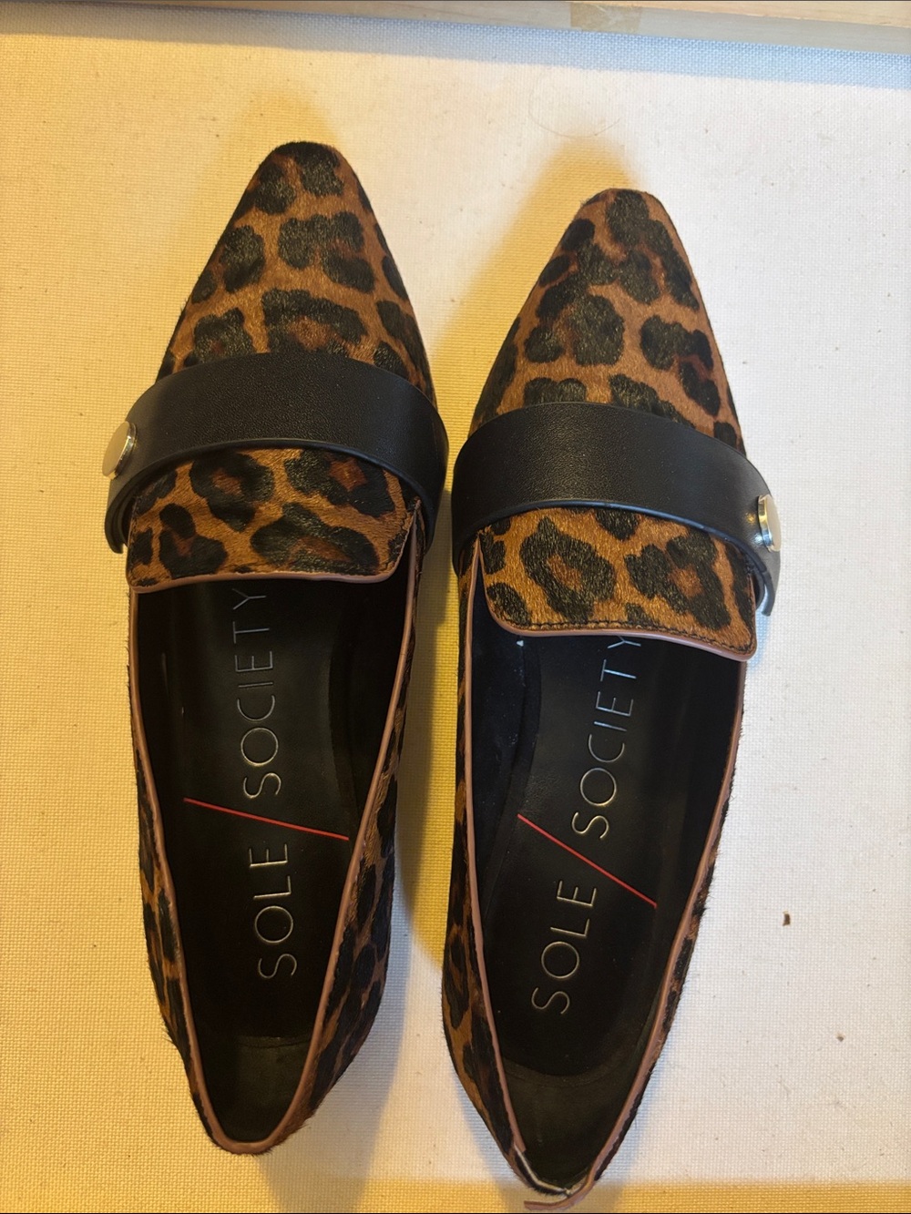 Sole Society Leopard-Print Pointed Toe Loafers with Black Strap